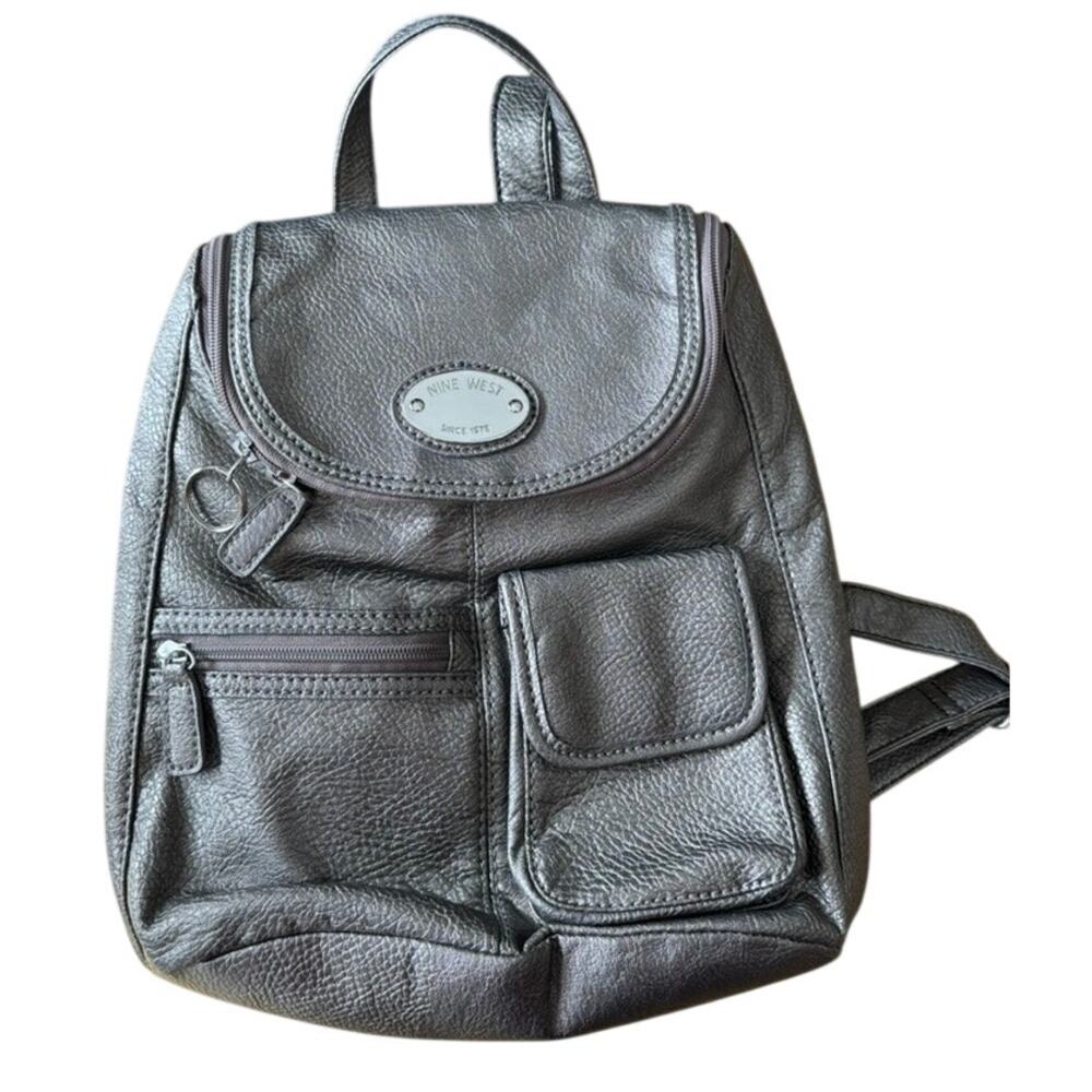 Nine West Faux Leather Backpack Compact Pockets Metallic Silver Travel Commuter